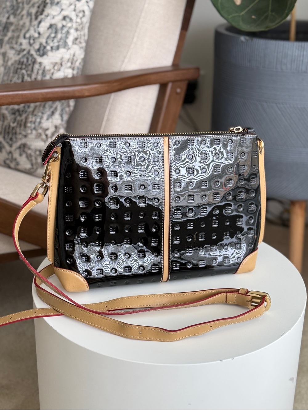 Arcadia Black Patent Crossbody with Tan Panels and Pink-Trim Strap